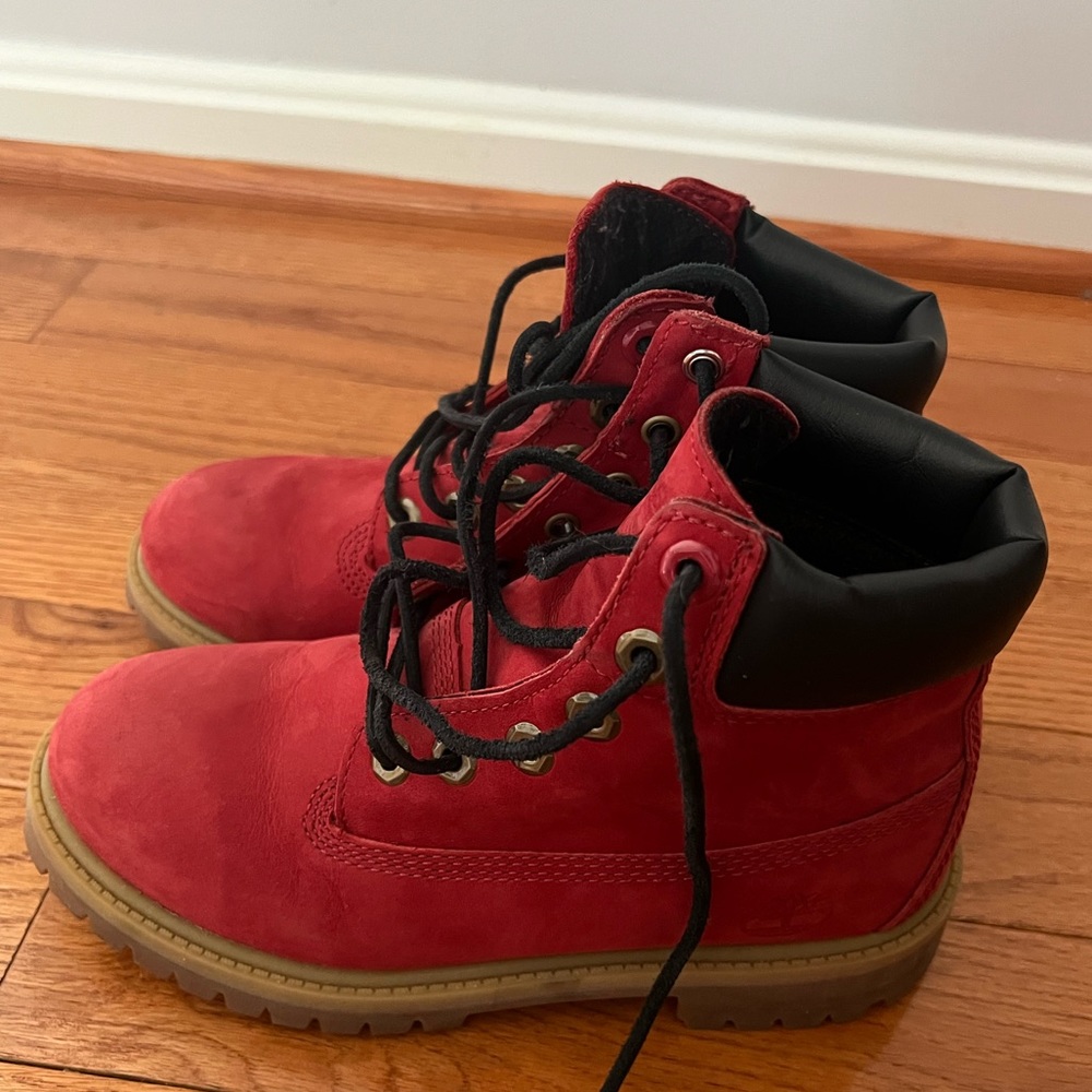 Red Tims in kids size 4